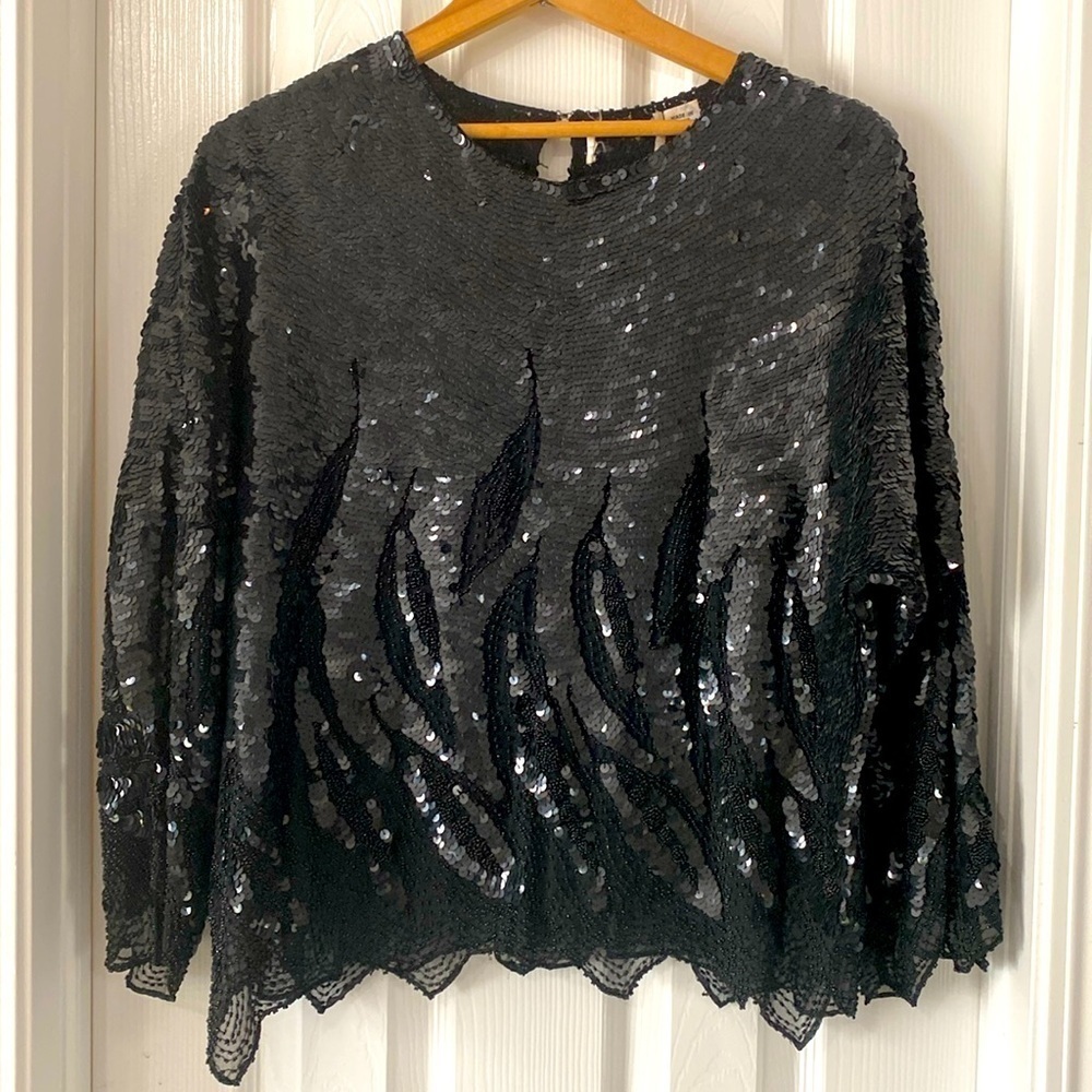 Vintage sequined and beaded flame print black long sleeve evening blouse top S